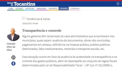 Artigo publicado no Jornal do Tocantins destaca “Transparência e Controle”