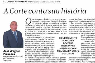 Memorial TCE/TO é tema de artigo publicado no Jornal do Tocantins